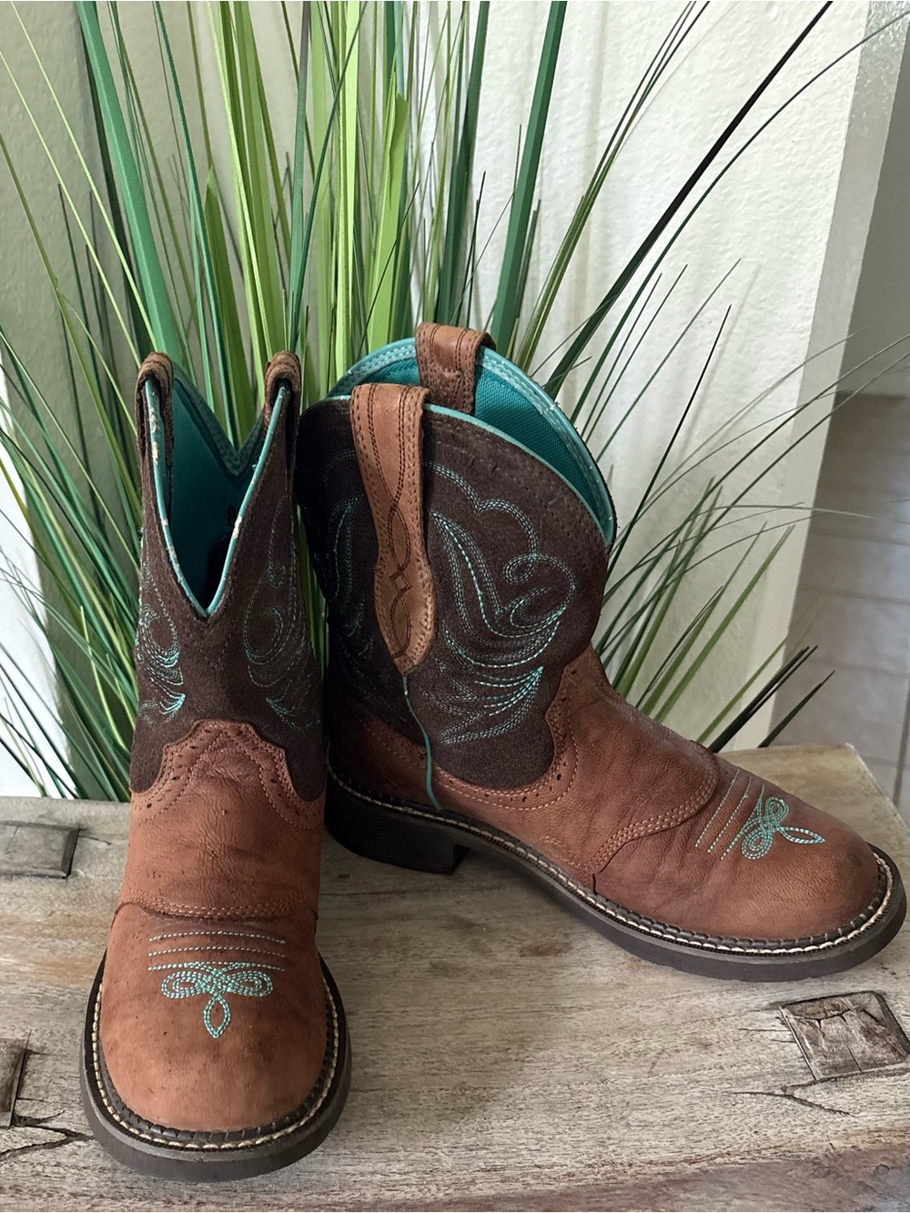 Ariat Fatbaby Cowgirl Brown And Teal Boots - Picture 2 of 12
